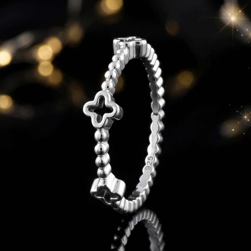 Sterling Silver 1.2mm Open Clover Cross Bead Stacking Ring for Women life4