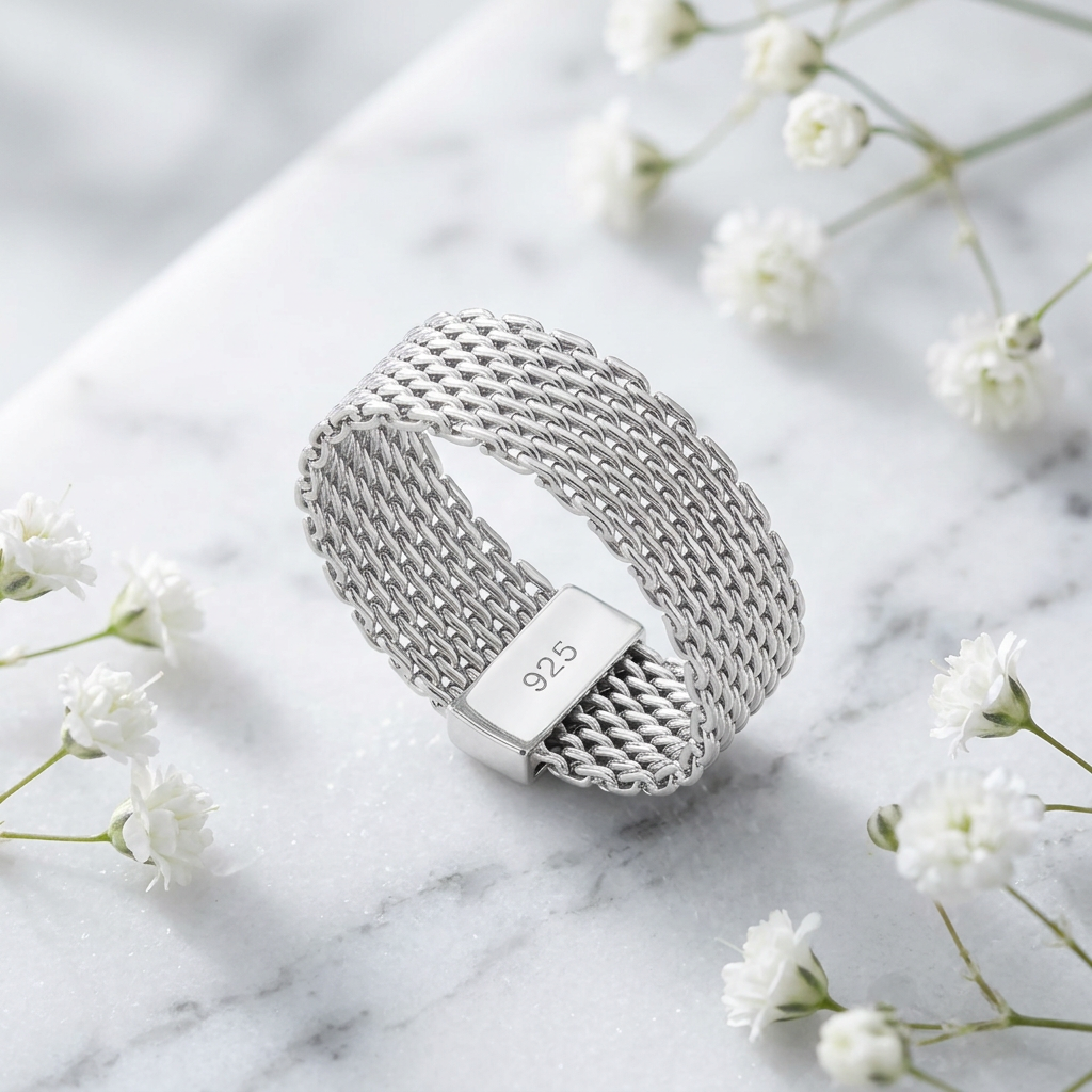 Sterling Silver 8mm Flat Woven Mesh Band Ring for Women life1