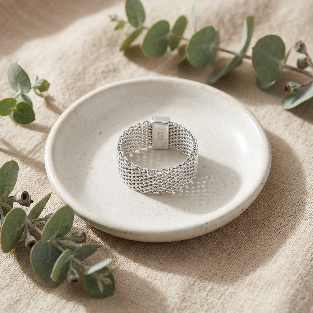 Sterling Silver 8mm Flat Woven Mesh Band Ring for Women life2