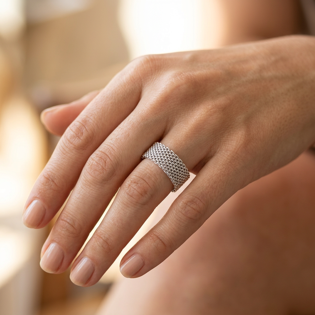 Sterling Silver 8mm Flat Woven Mesh Band Ring for Women model
