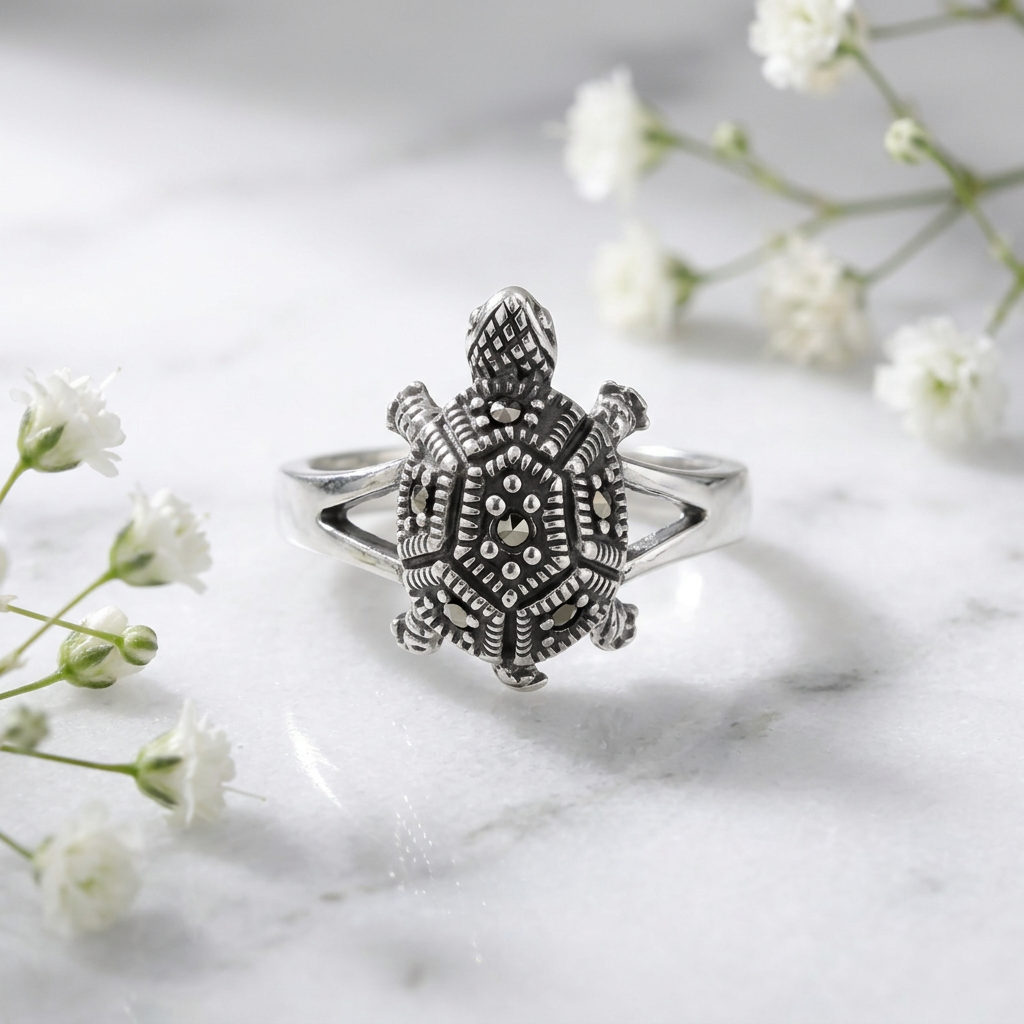 Sterling Silver Marcasite Turtle Ring for Women life1