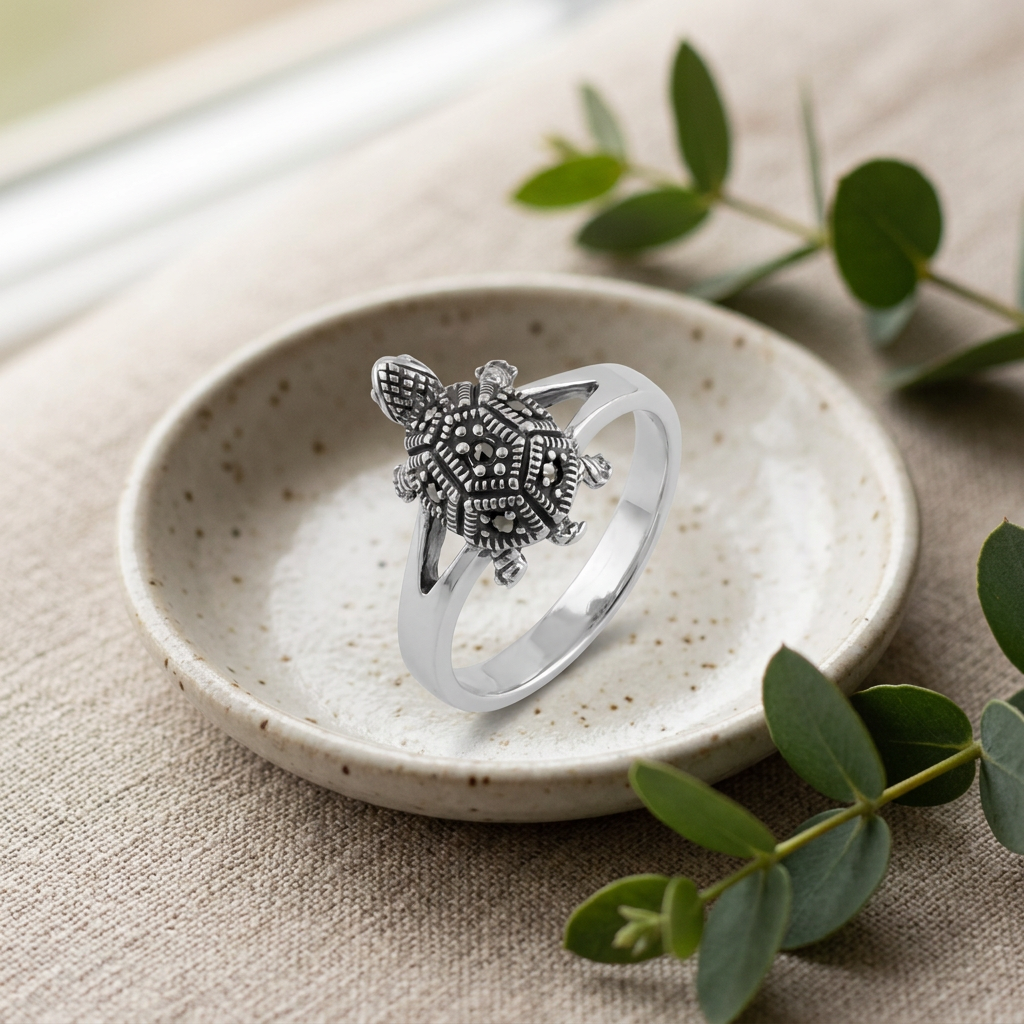 Sterling Silver Marcasite Turtle Ring for Women life2