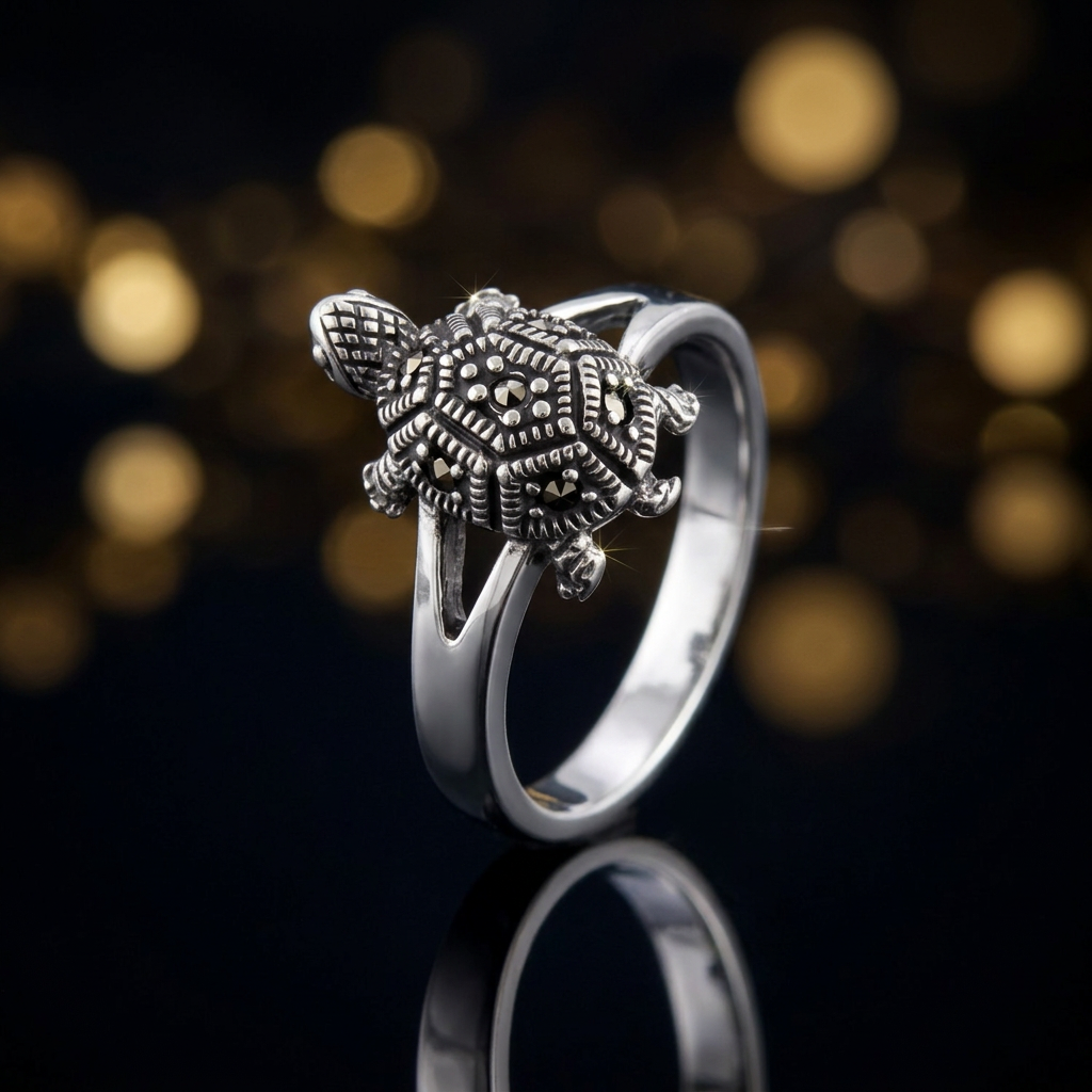 Sterling Silver Marcasite Turtle Ring for Women life4