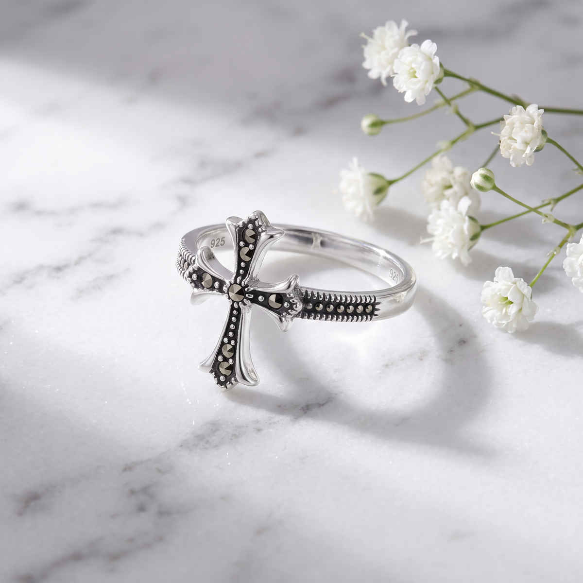 Sterling Silver Marcasite Gothic Cross Sideways Ring for Women life1