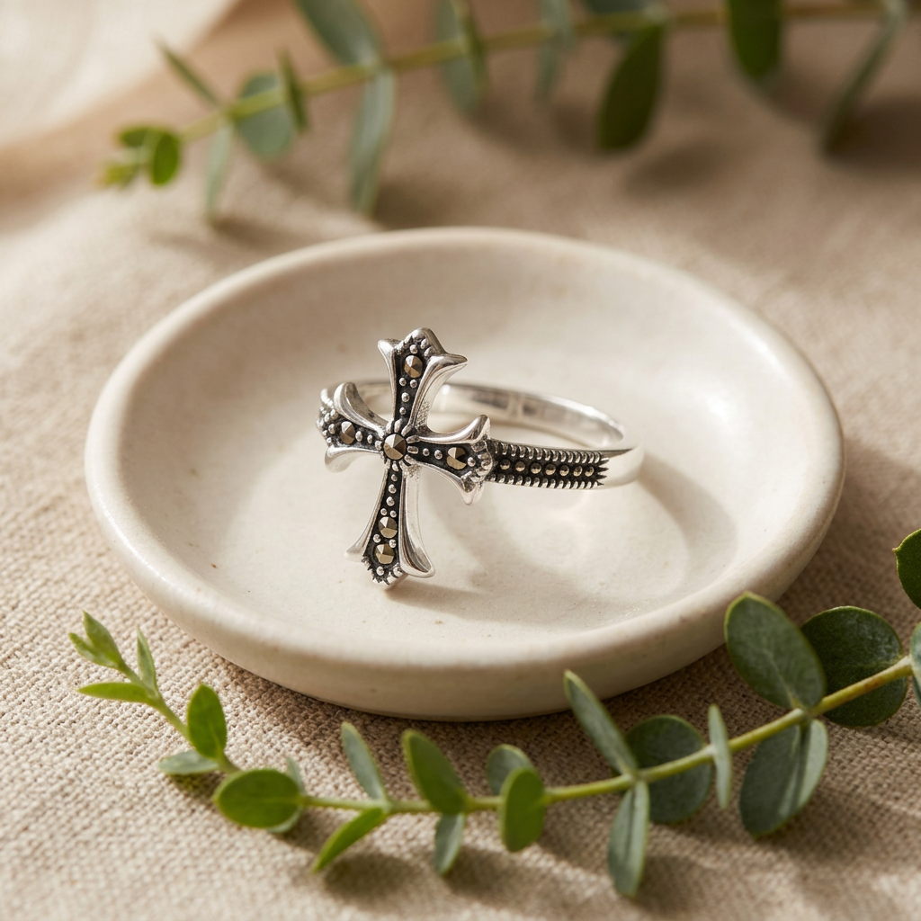 Sterling Silver Marcasite Gothic Cross Sideways Ring for Women life2