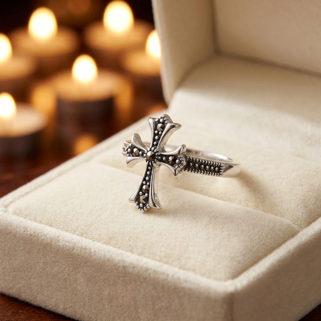 Sterling Silver Marcasite Gothic Cross Sideways Ring for Women life3