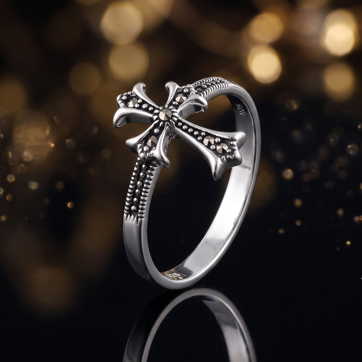 Sterling Silver Marcasite Gothic Cross Sideways Ring for Women life4