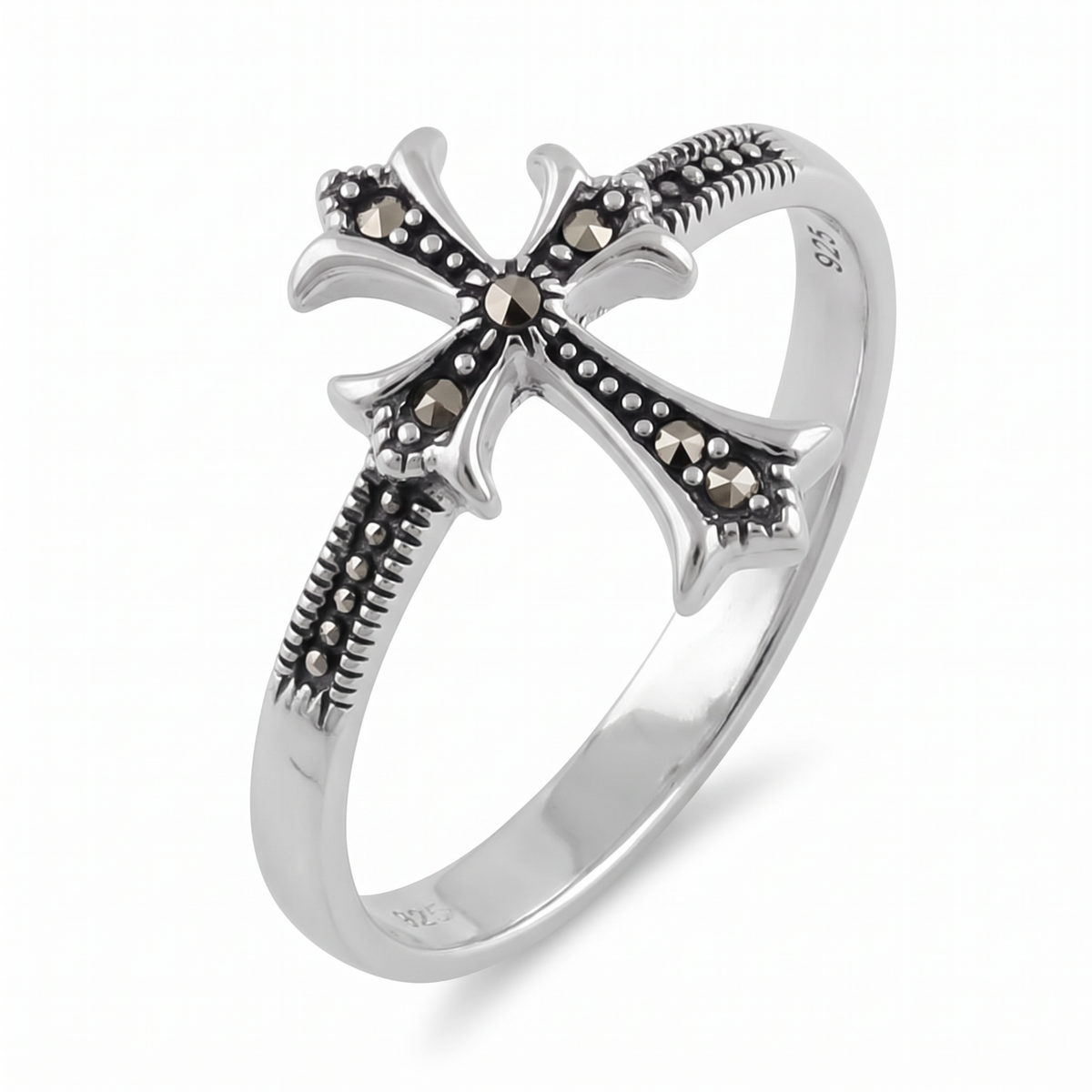 Sterling Silver Marcasite Gothic Cross Sideways Ring for Women