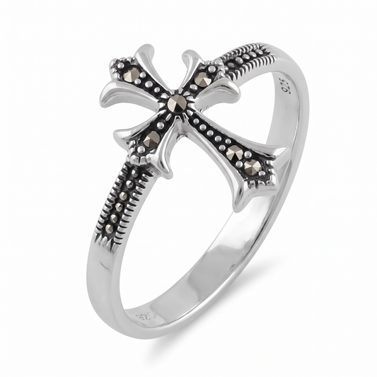 Sterling Silver Marcasite Gothic Cross Sideways Ring for Women