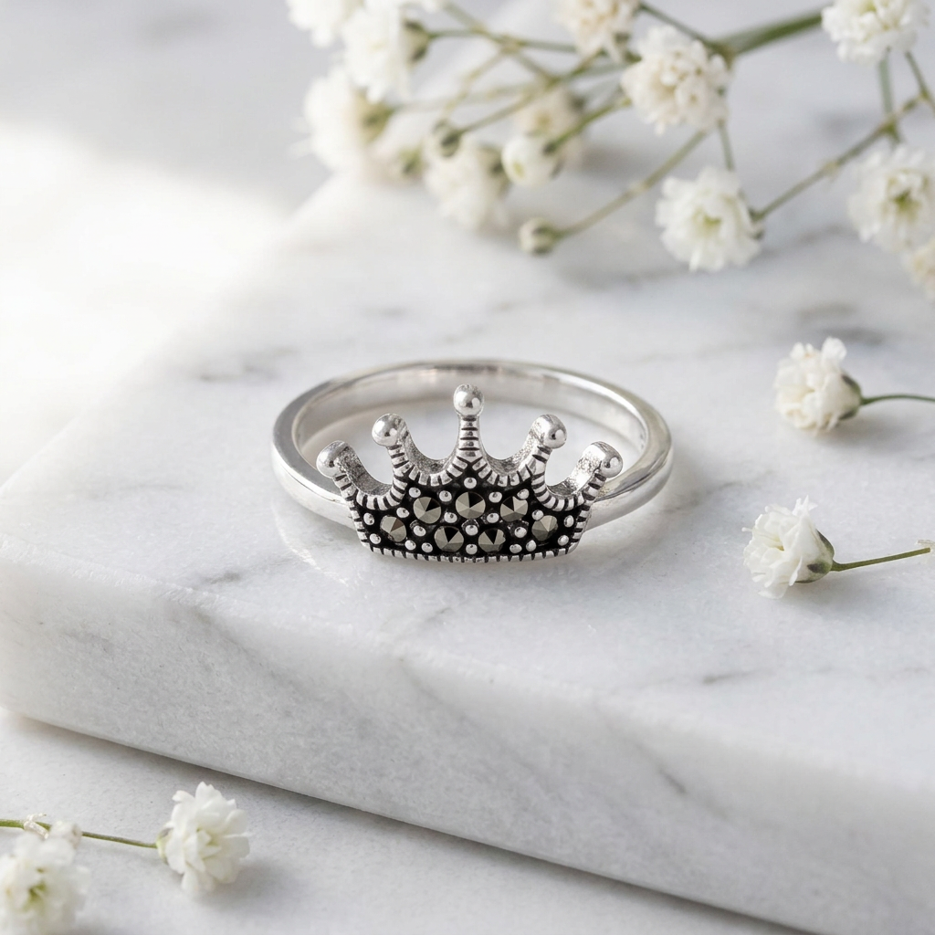 Sterling Silver Marcasite Mini Crown Tiara Stacking Ring for Women life1