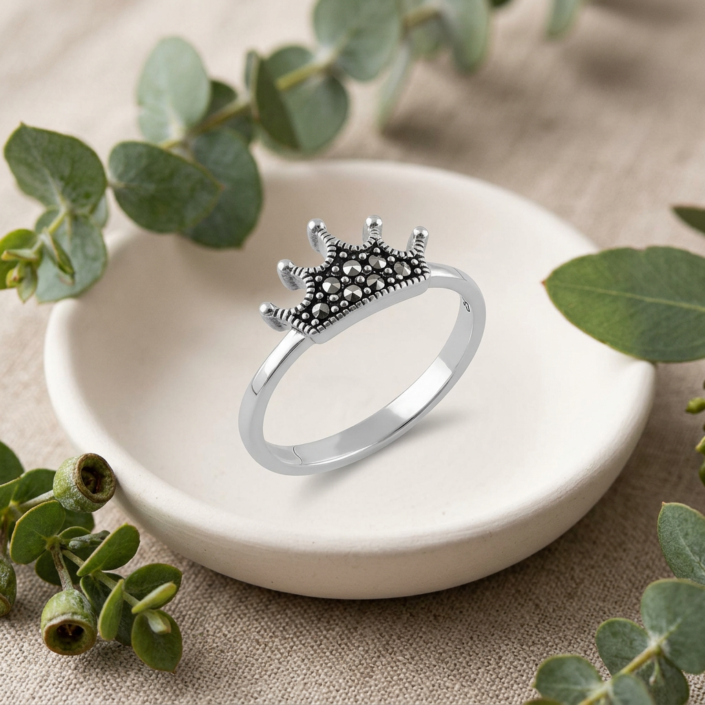 Sterling Silver Marcasite Mini Crown Tiara Stacking Ring for Women life2