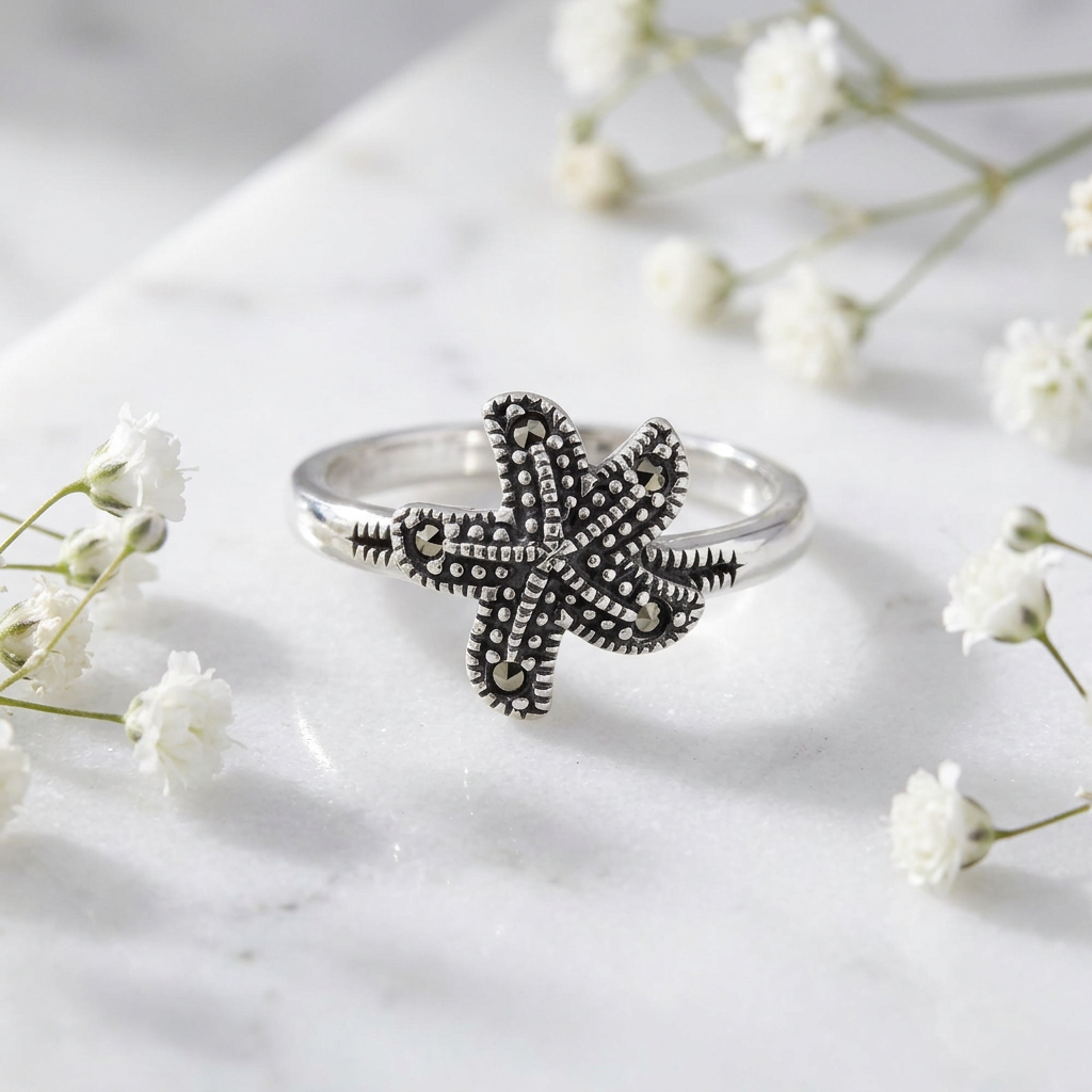 Sterling Silver 2.1mm Marcasite Starfish Beach Ring for Women life1