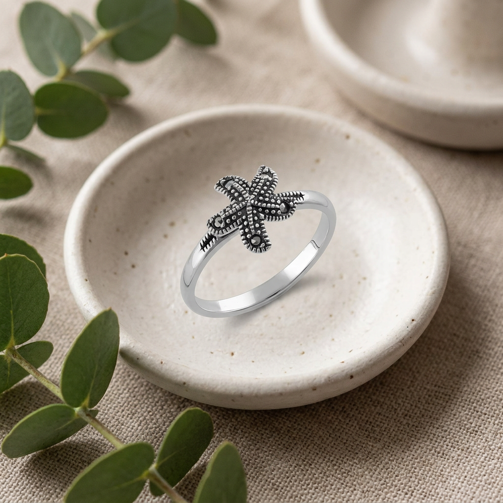 Sterling Silver 2.1mm Marcasite Starfish Beach Ring for Women life2