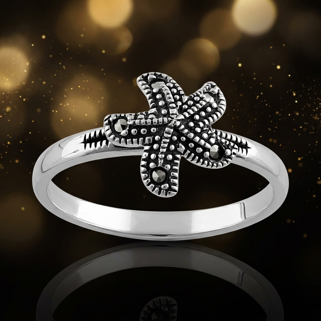 Sterling Silver 2.1mm Marcasite Starfish Beach Ring for Women life4