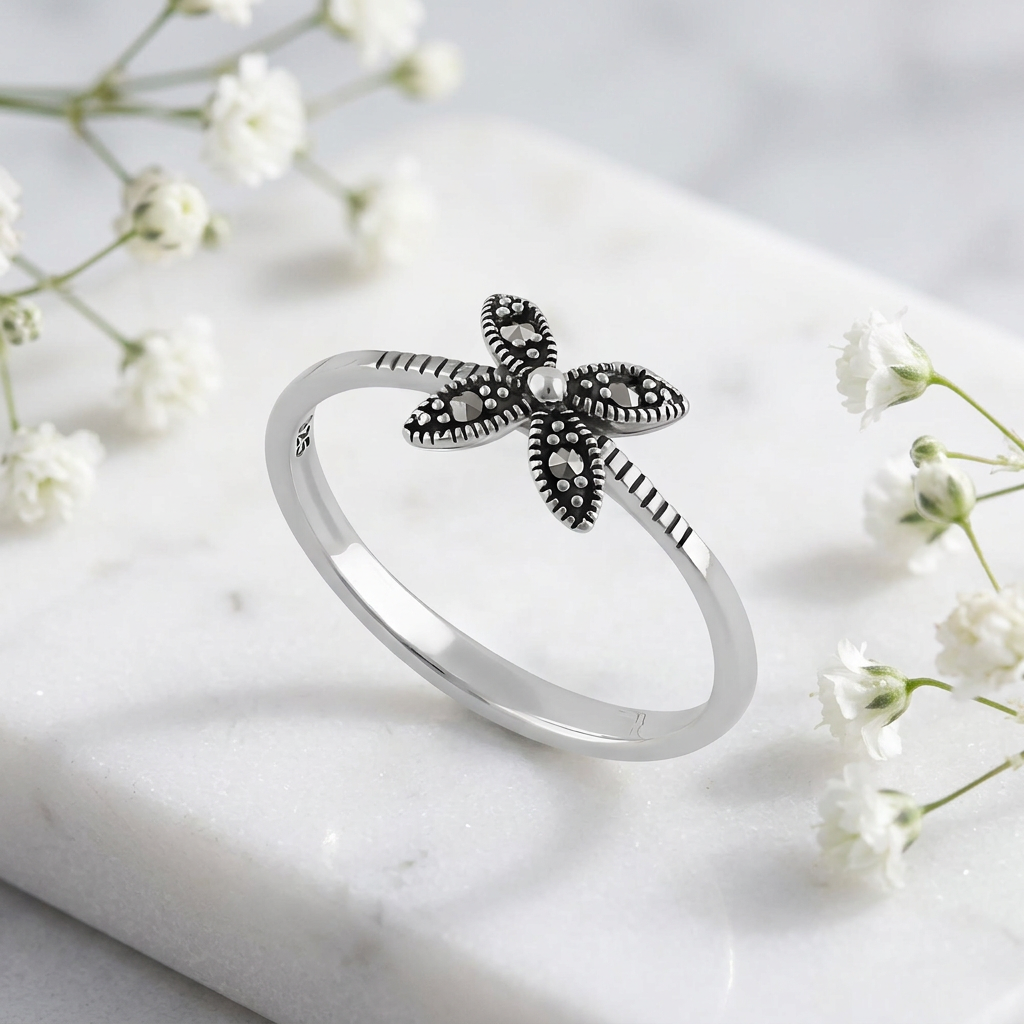 Sterling Silver Marcasite Four Petal Flower Dainty Ring for Women life1