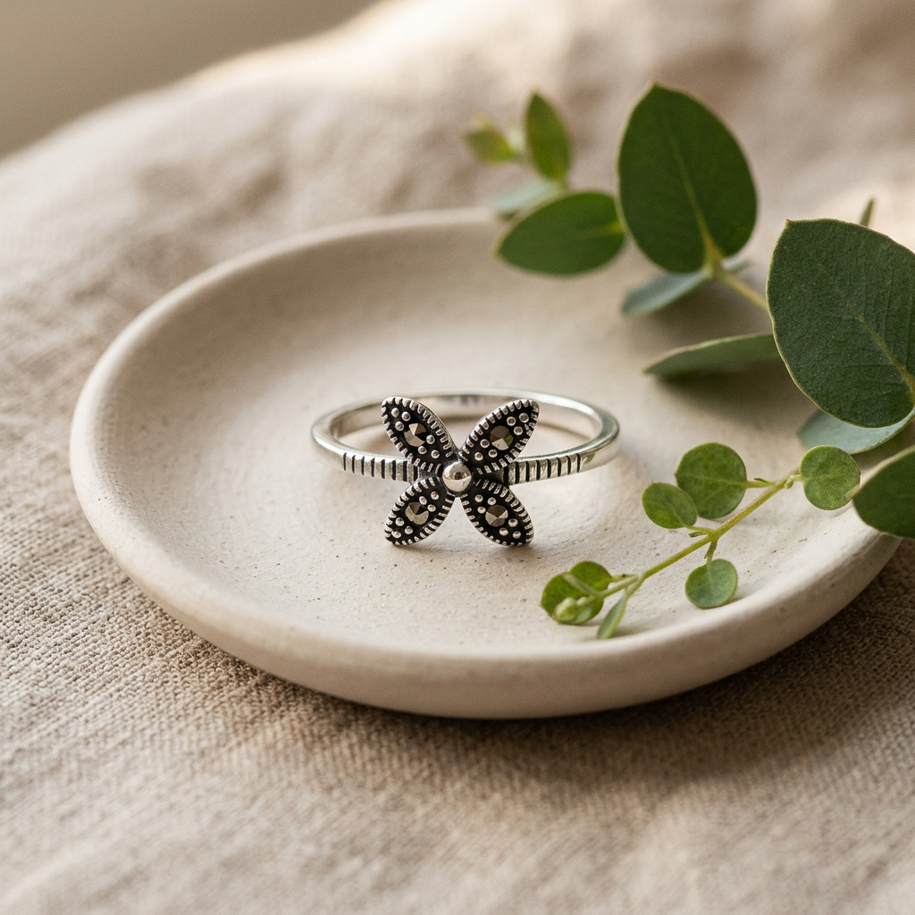 Sterling Silver Marcasite Four Petal Flower Dainty Ring for Women life2