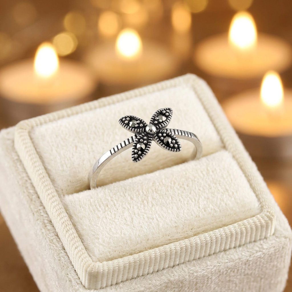 Sterling Silver Marcasite Four Petal Flower Dainty Ring for Women life3