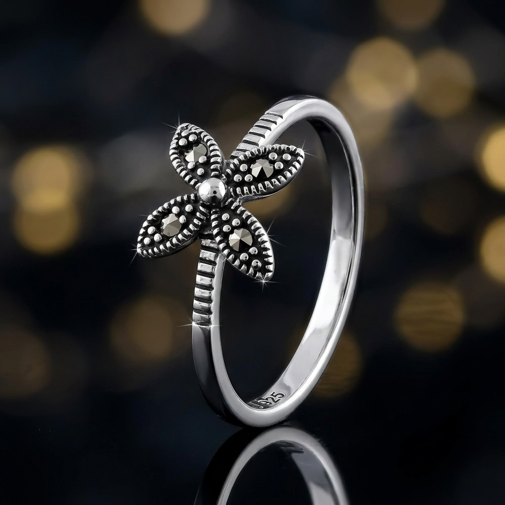 Sterling Silver Marcasite Four Petal Flower Dainty Ring for Women life4
