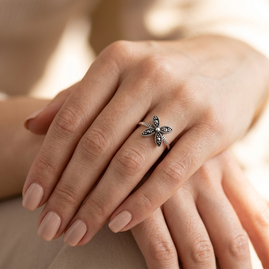 Sterling Silver Marcasite Four Petal Flower Dainty Ring for Women model