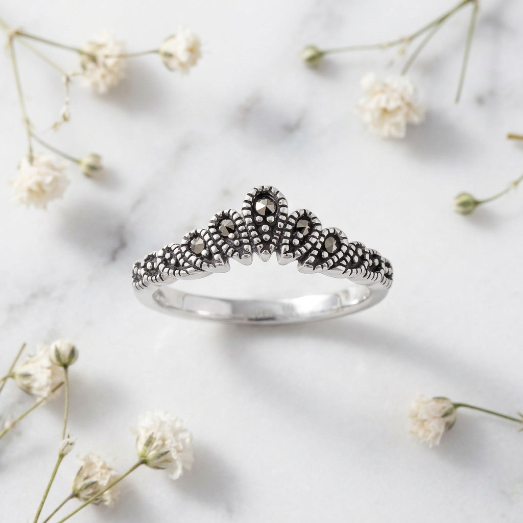 Sterling Silver Marcasite Teardrop Crown Chevron Stacking Ring for Women life1