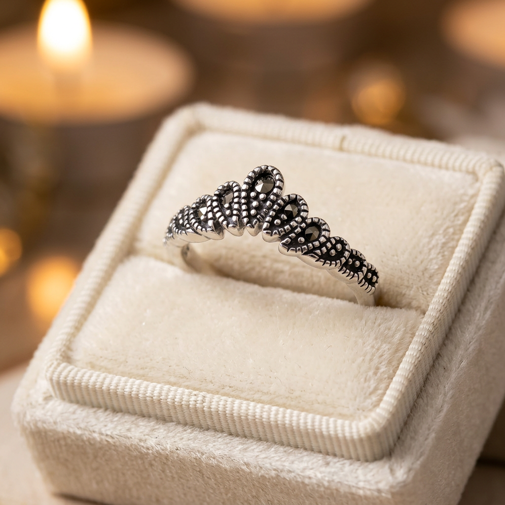 Sterling Silver Marcasite Teardrop Crown Chevron Stacking Ring for Women life3