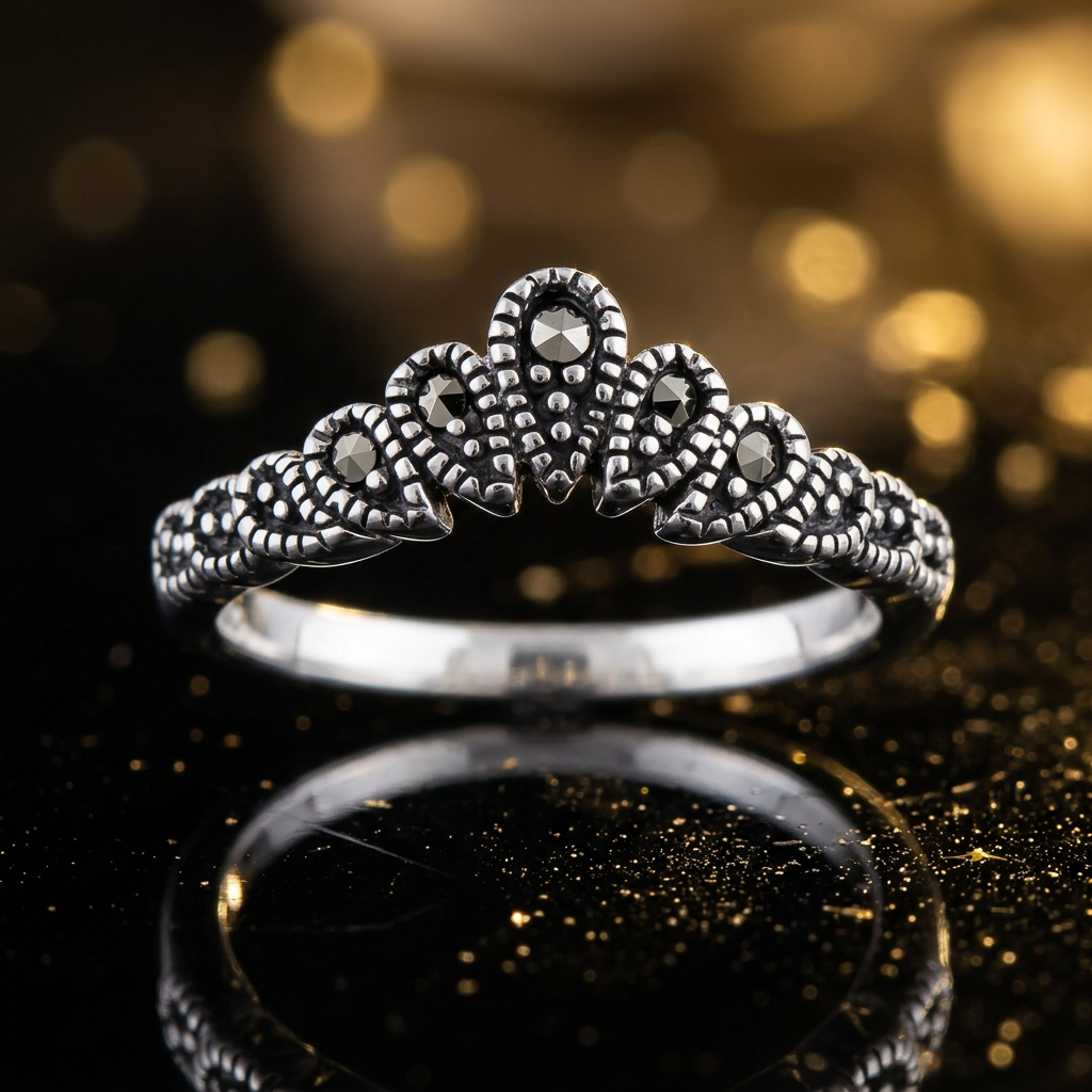 Sterling Silver Marcasite Teardrop Crown Chevron Stacking Ring for Women life4