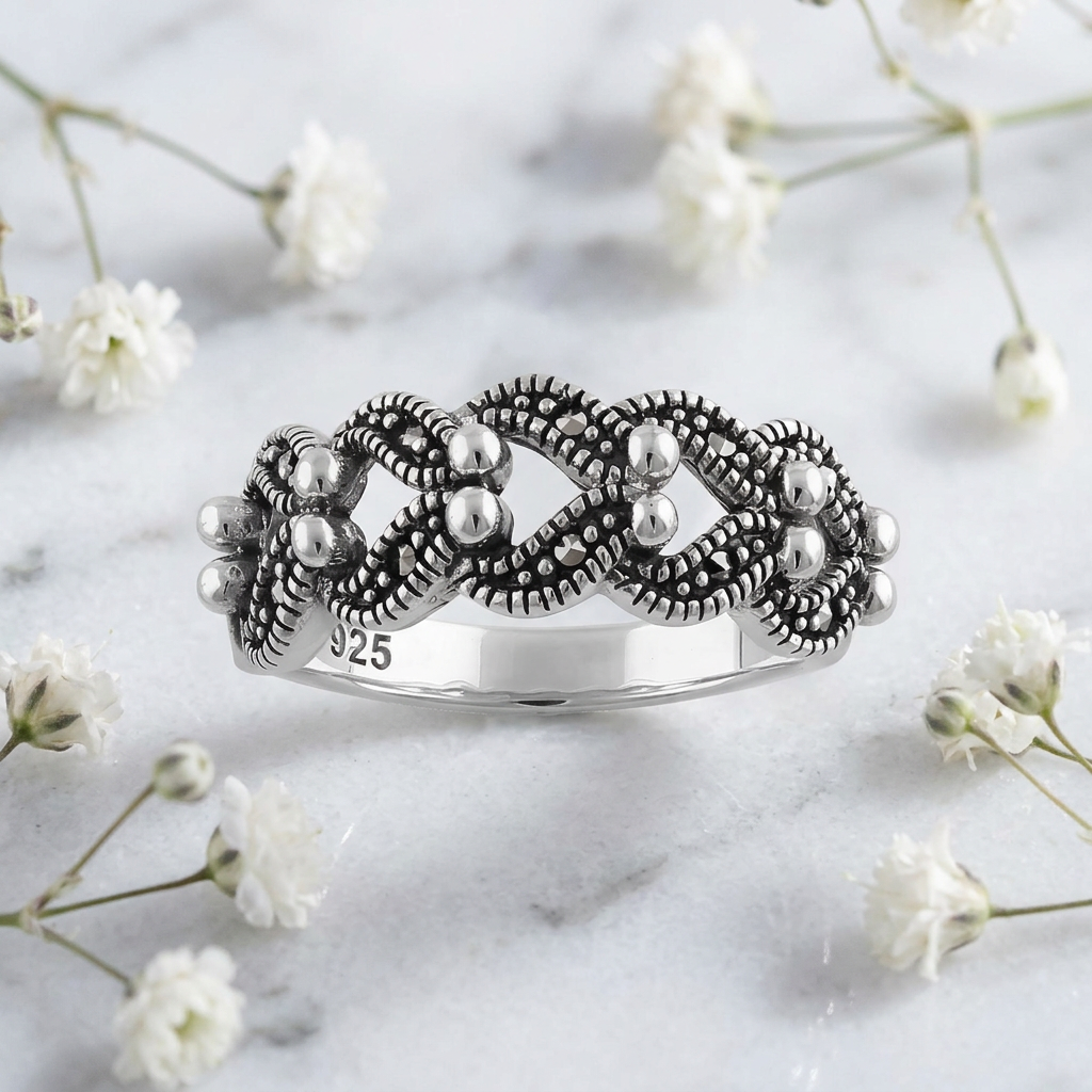 Sterling Silver 5.7mm Marcasite Braided Bead Bali Band Ring for Women life1