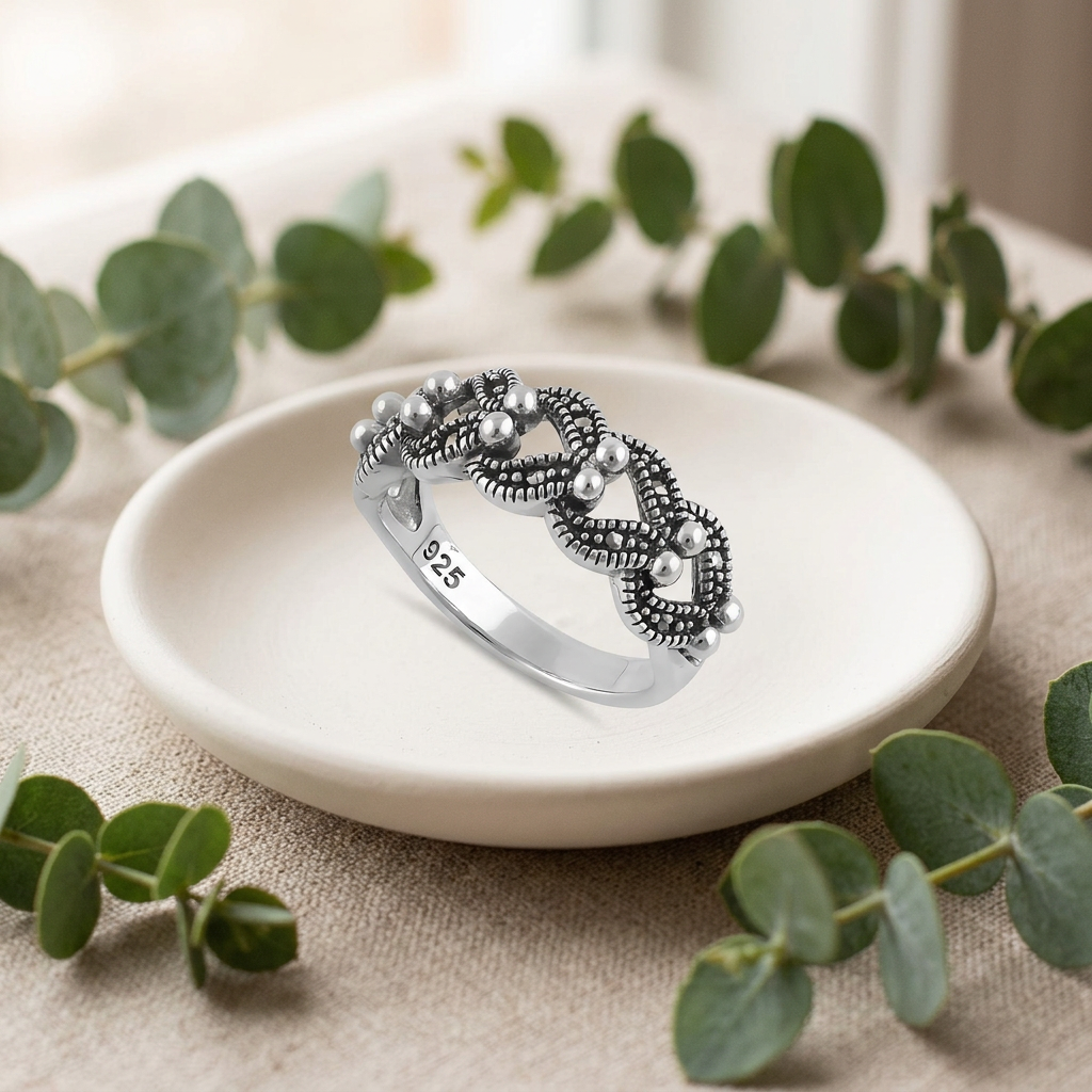 Sterling Silver 5.7mm Marcasite Braided Bead Bali Band Ring for Women life2