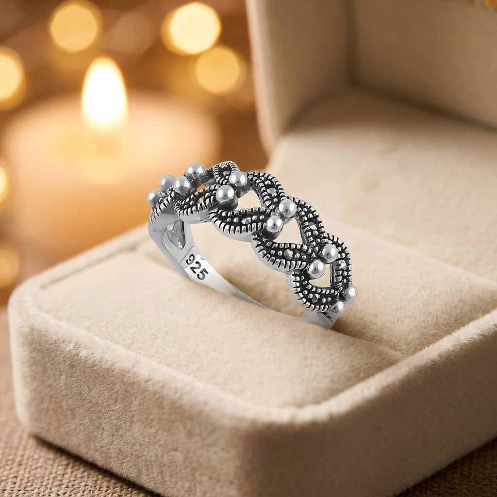 Sterling Silver 5.7mm Marcasite Braided Bead Bali Band Ring for Women life3