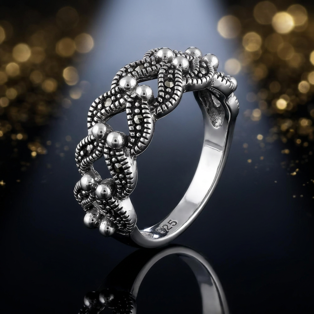 Sterling Silver 5.7mm Marcasite Braided Bead Bali Band Ring for Women life4