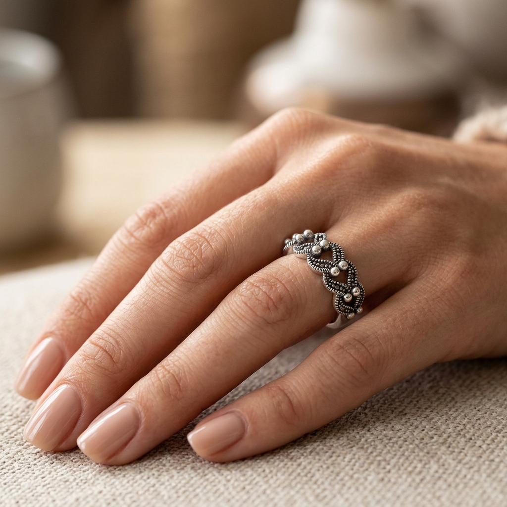 Sterling Silver 5.7mm Marcasite Braided Bead Bali Band Ring for Women model