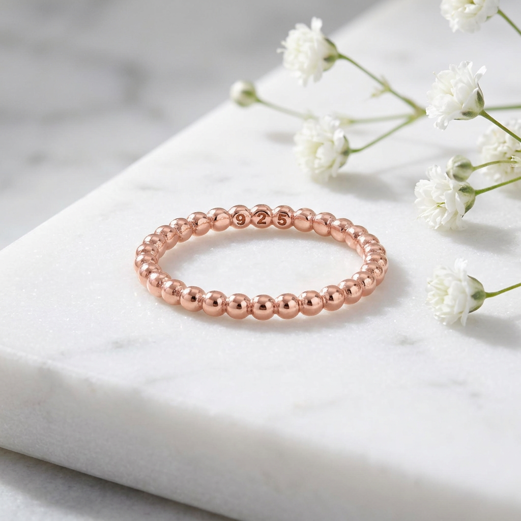 Rose Gold Plated Sterling Silver 1.5mm Beaded Stacking Ring for Women life1
