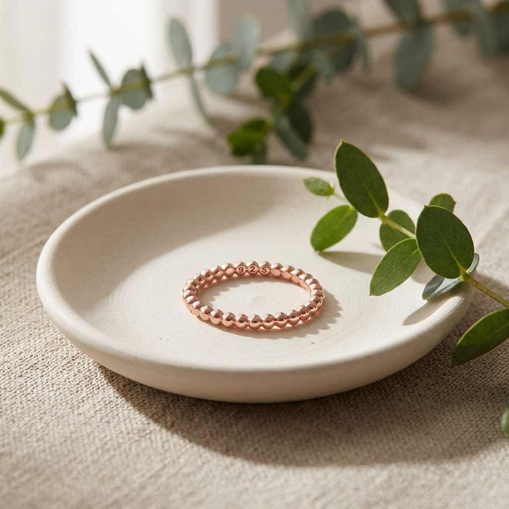 Rose Gold Plated Sterling Silver 1.5mm Beaded Stacking Ring for Women life2