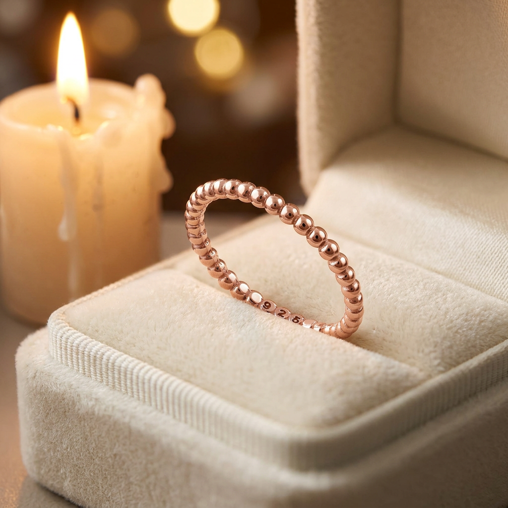 Rose Gold Plated Sterling Silver 1.5mm Beaded Stacking Ring for Women life3
