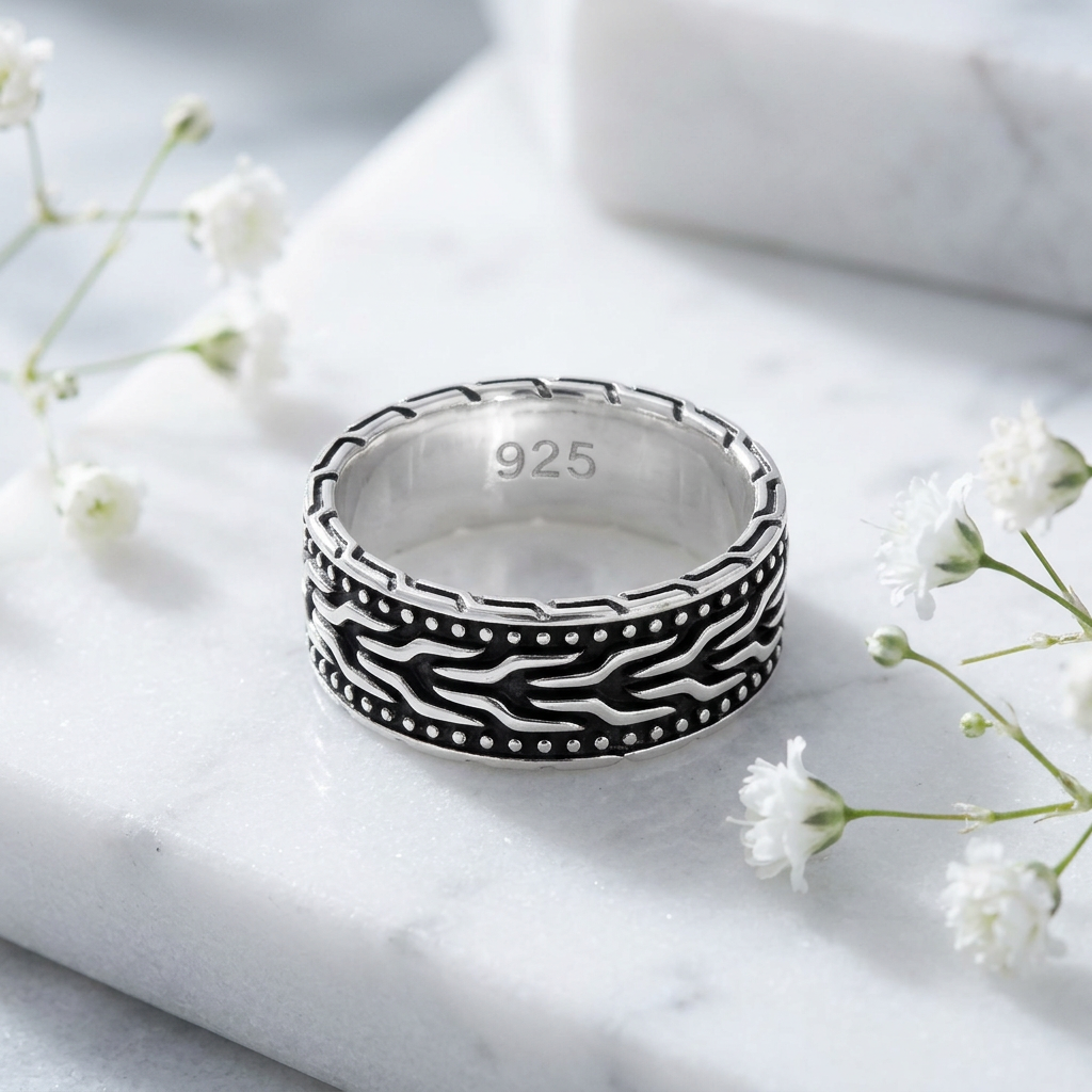 Sterling Silver 7mm Oxidized Braided Chain Dotted Band Ring for Women life1
