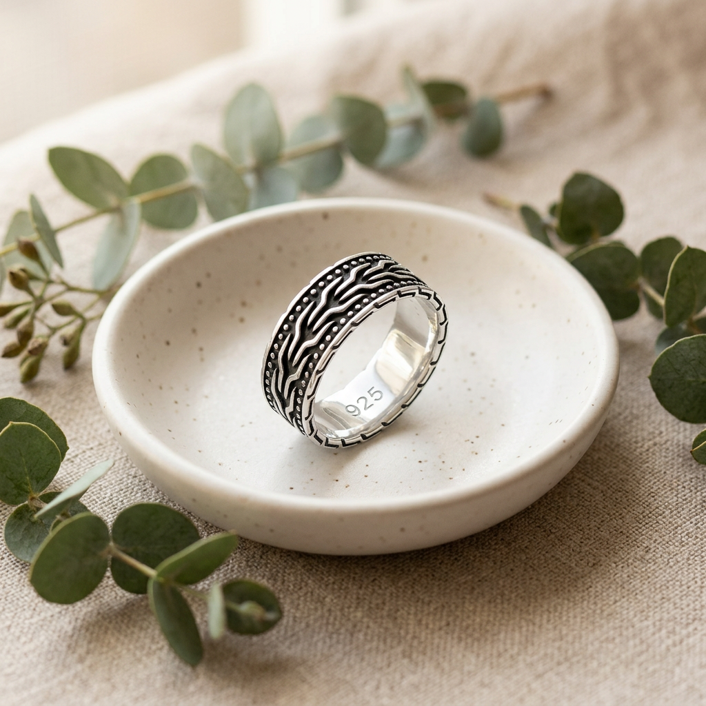 Sterling Silver 7mm Oxidized Braided Chain Dotted Band Ring for Women life2