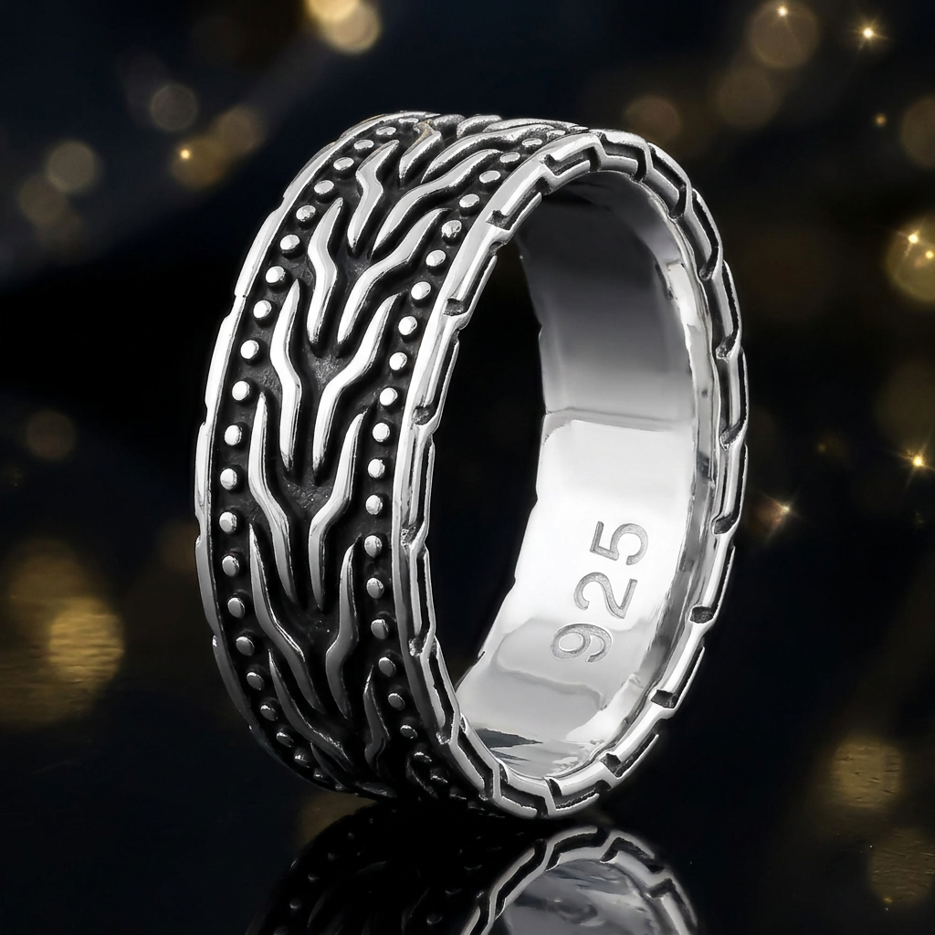 Sterling Silver 7mm Oxidized Braided Chain Dotted Band Ring for Women life4