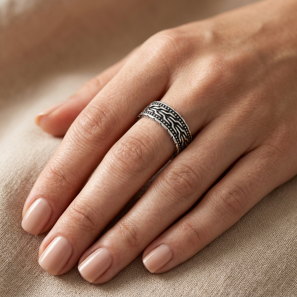 Sterling Silver 7mm Oxidized Braided Chain Dotted Band Ring for Women model