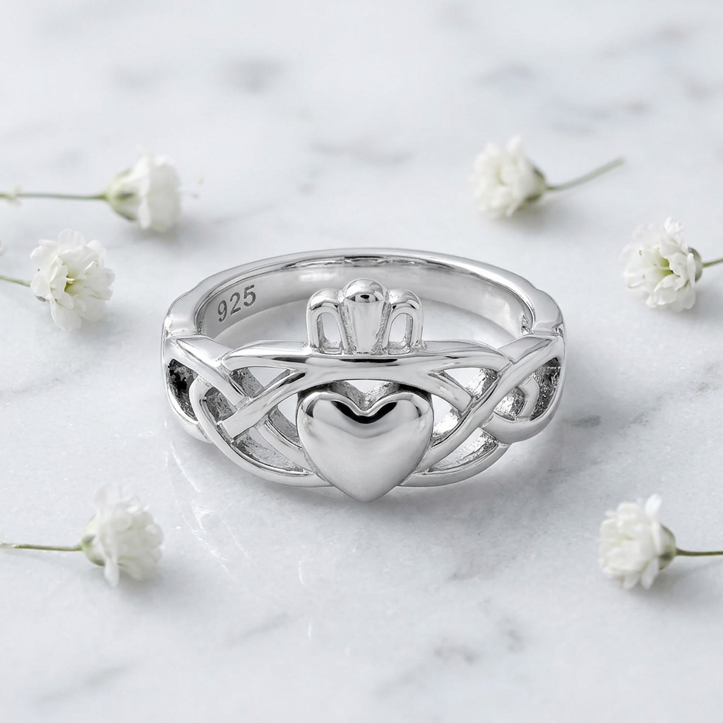 Sterling Silver Celtic Knot Claddagh Heart and Crown Ring for Women life1
