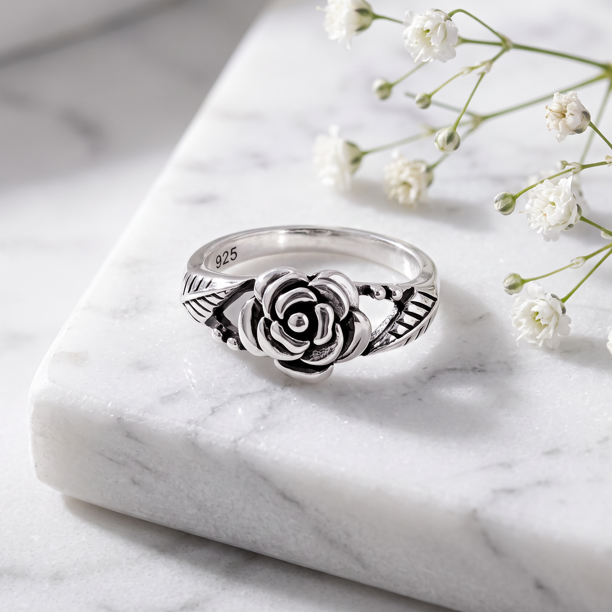 Sterling Silver Oxidized Rose Flower Ring for Women life1