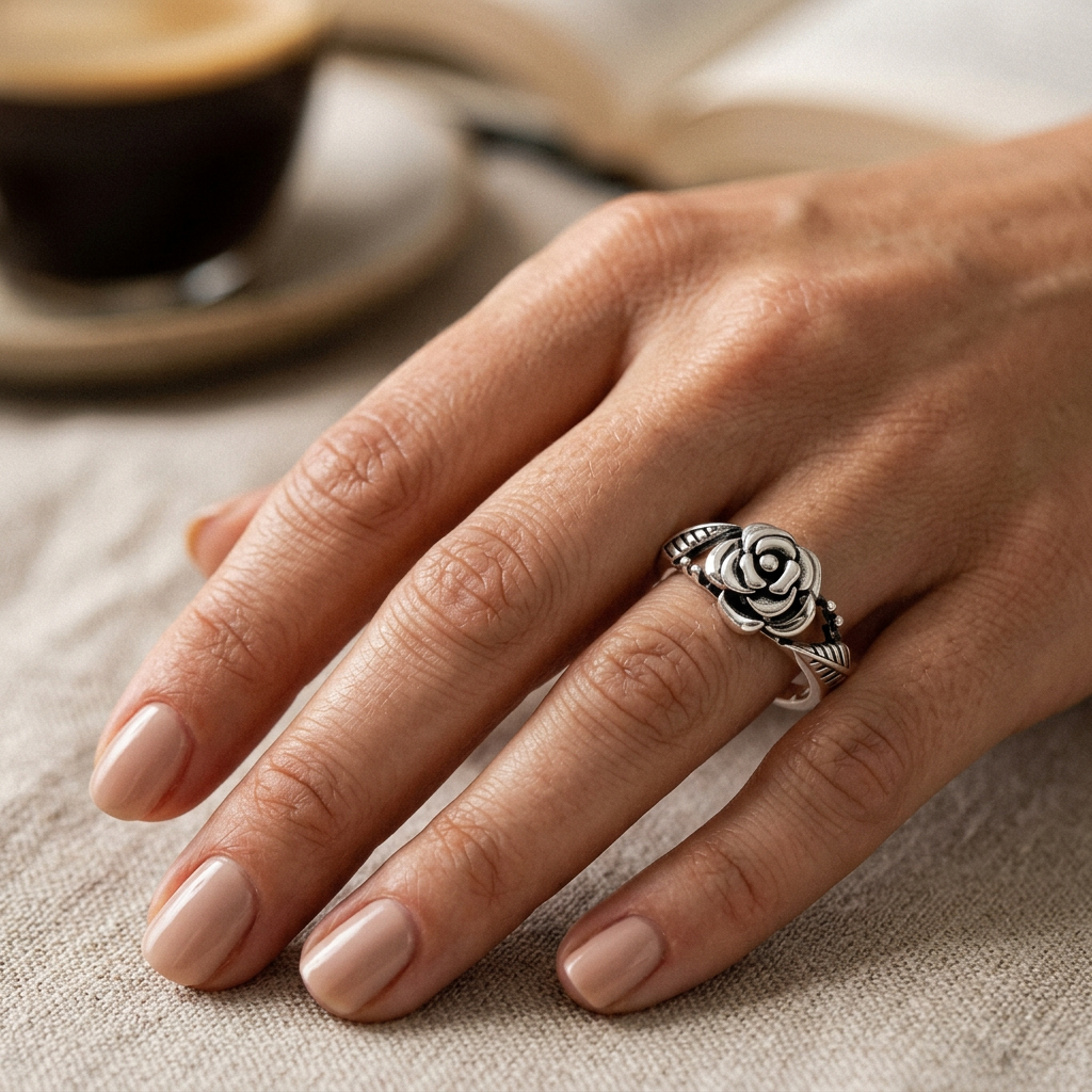 Sterling Silver Oxidized Rose Flower Ring for Women model