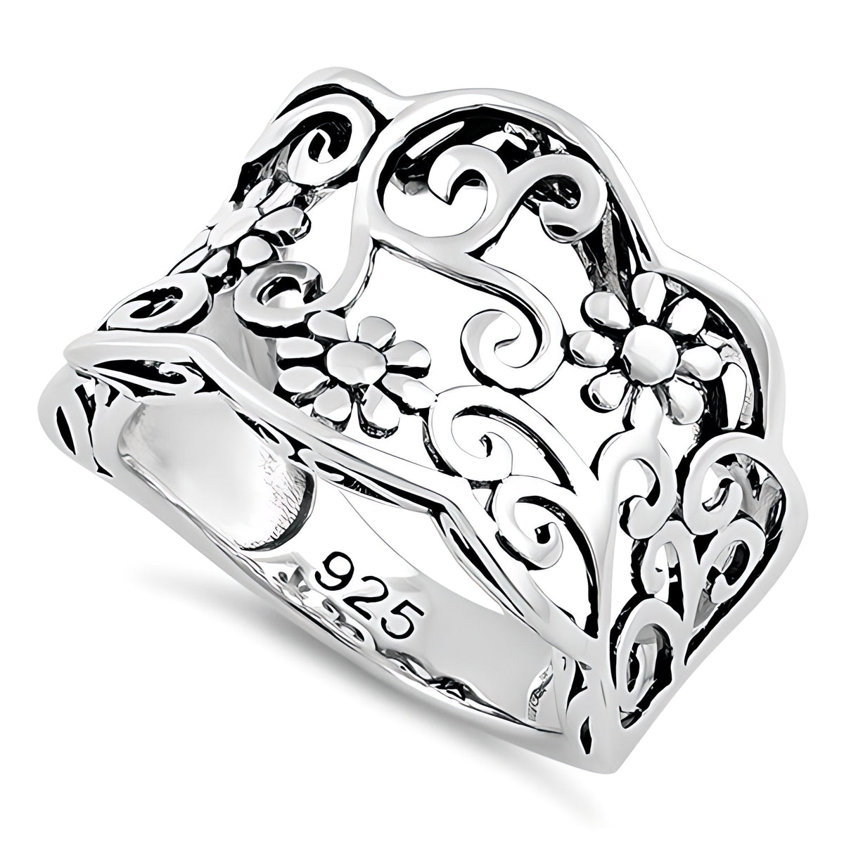 Sterling Silver 10mm Wide Oxidized Daisy Scroll Filigree Wavy Edge Ring for Women