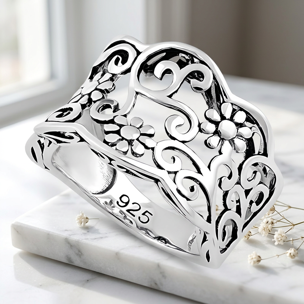 Sterling Silver 10mm Wide Oxidized Daisy Scroll Filigree Wavy Edge Ring for Women life1