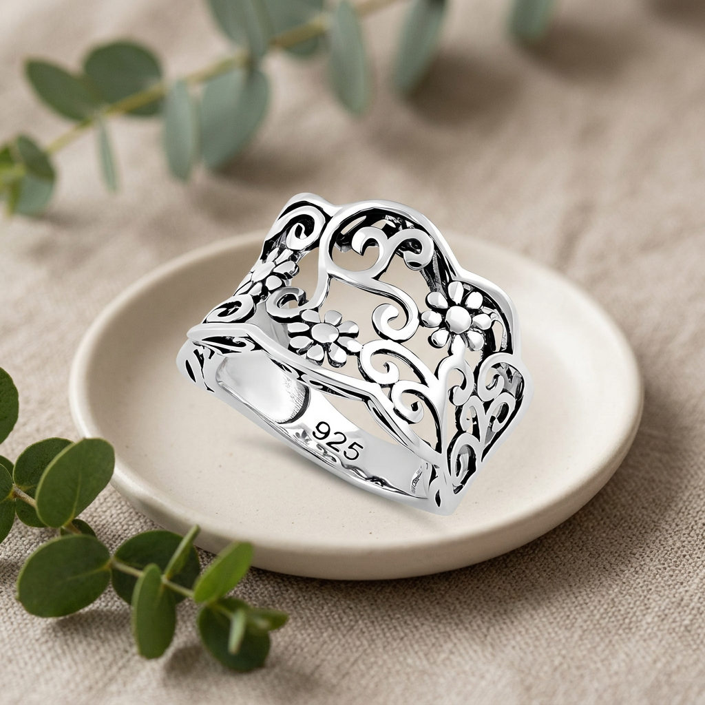 Sterling Silver 10mm Wide Oxidized Daisy Scroll Filigree Wavy Edge Ring for Women life2
