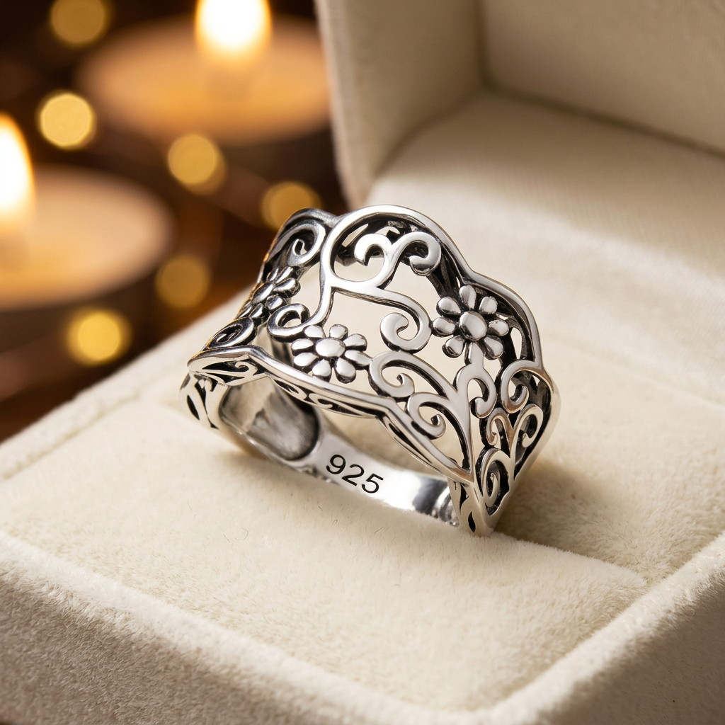 Sterling Silver 10mm Wide Oxidized Daisy Scroll Filigree Wavy Edge Ring for Women life3