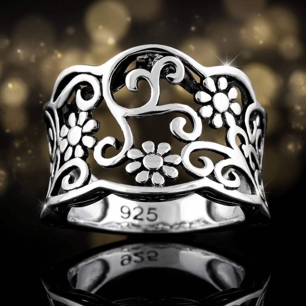 Sterling Silver 10mm Wide Oxidized Daisy Scroll Filigree Wavy Edge Ring for Women life4