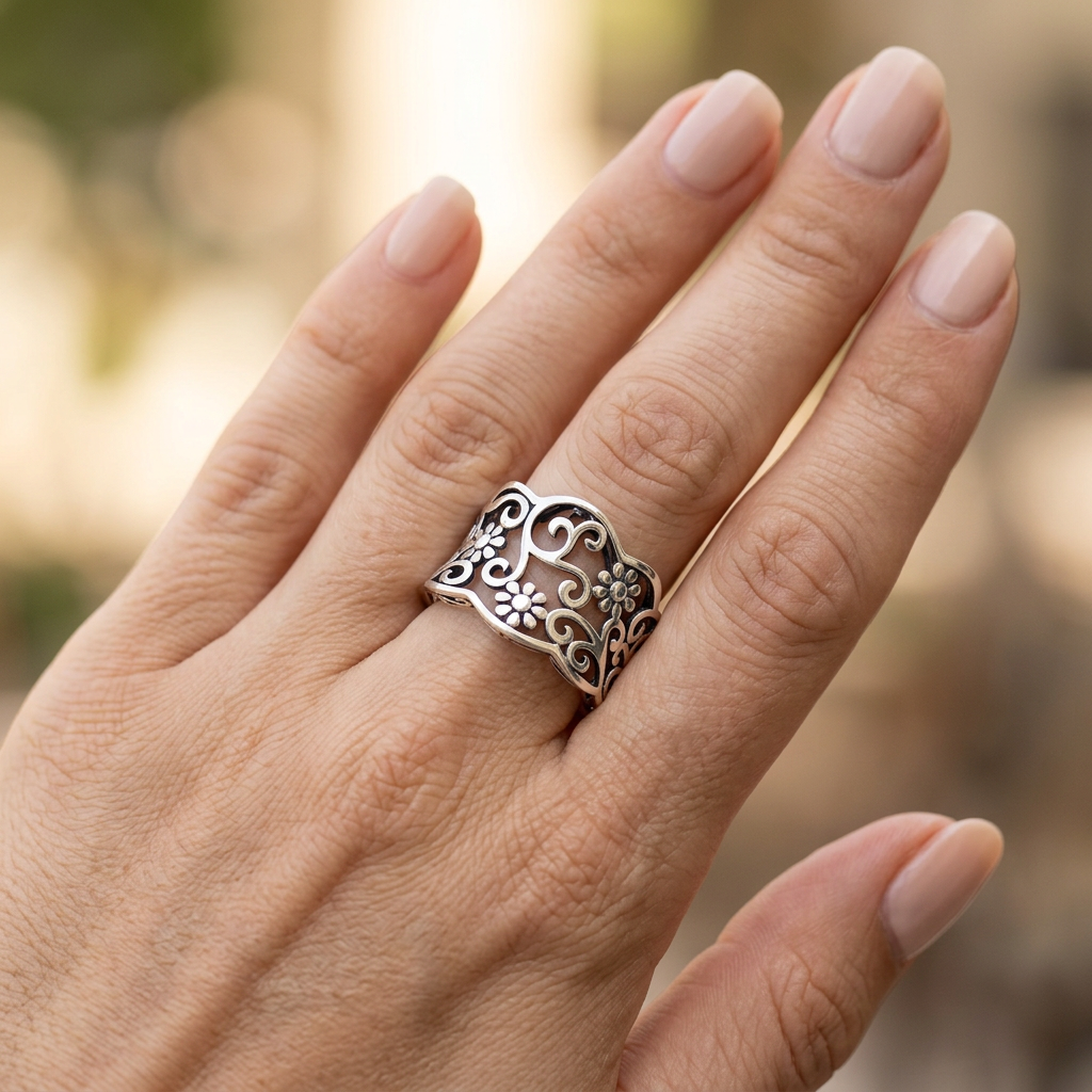 Sterling Silver 10mm Wide Oxidized Daisy Scroll Filigree Wavy Edge Ring for Women model