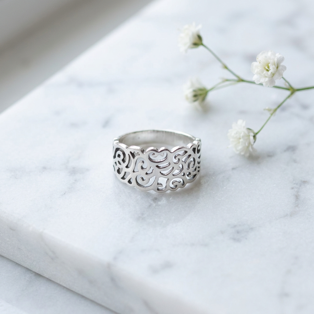 Sterling Silver 8.3mm Tapered Openwork Scroll Filigree Band Ring for Women life1