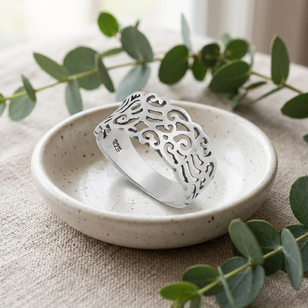 Sterling Silver 8.3mm Tapered Openwork Scroll Filigree Band Ring for Women life2