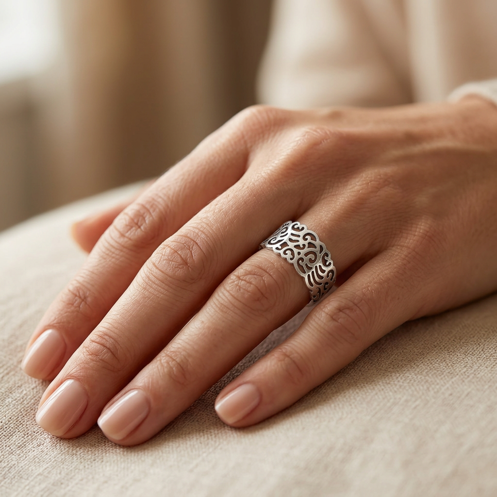 Sterling Silver 8.3mm Tapered Openwork Scroll Filigree Band Ring for Women model